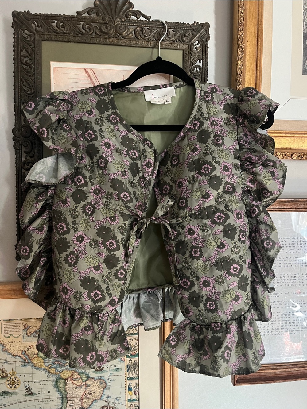 Anthropologie Olive Green Floral Ruffle Sleeve Crop Vest